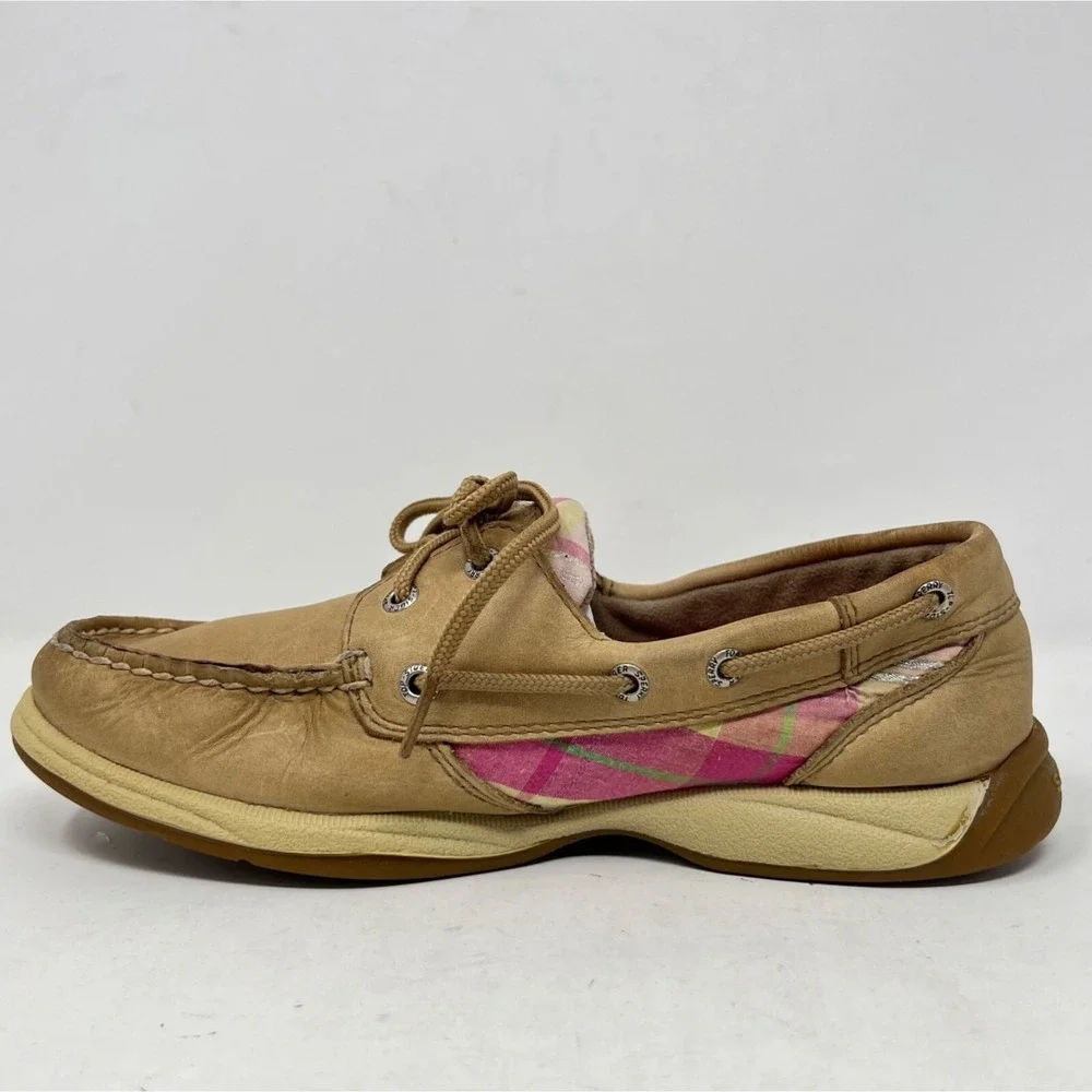 Sperry Womens‎ Plaid Tan Pink Green Leather Boat Deck Shoes Size 6M Preppy Girl